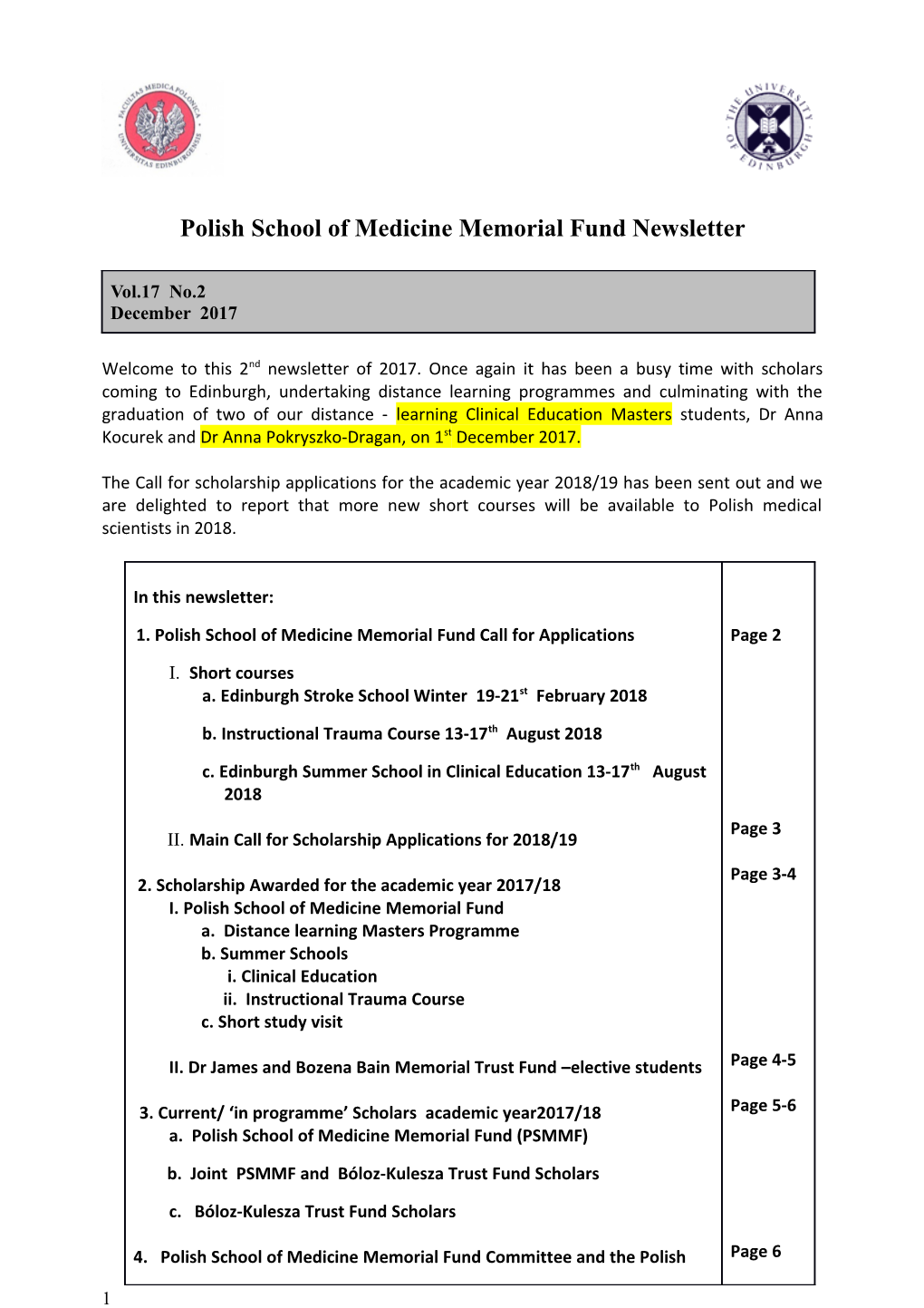 Polish School of Medicine Memorial Fund Newsletter