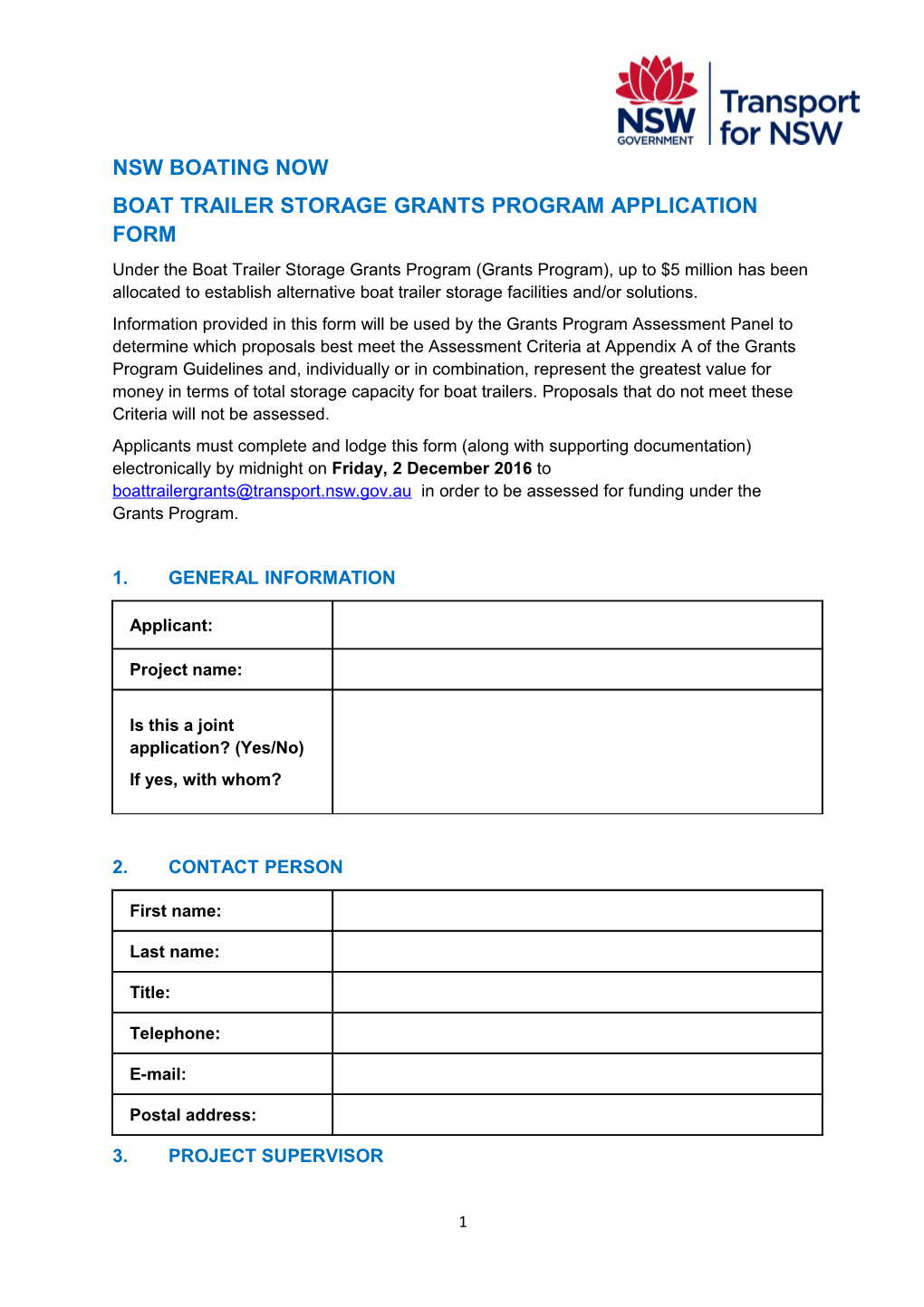 Boat Trailer Storage Grants Program Application Form