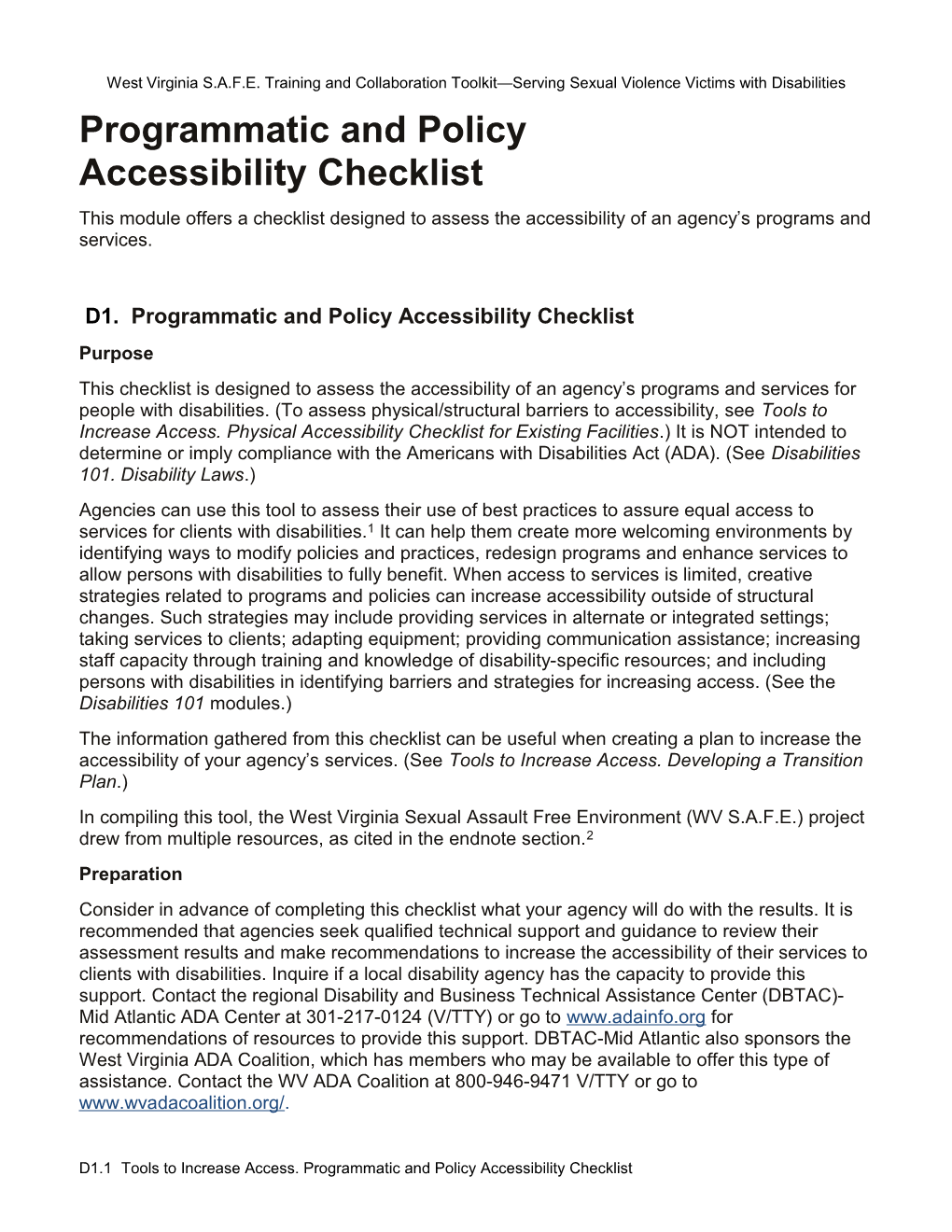 D1. Tools to Increase Access. Programmatic and Policy Accessibility Checklist