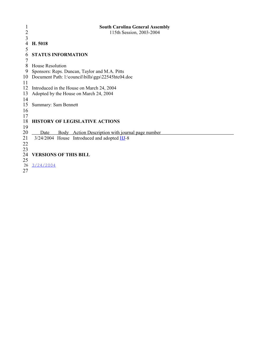 2003-2004 Bill 5018: Sam Bennett - South Carolina Legislature Online