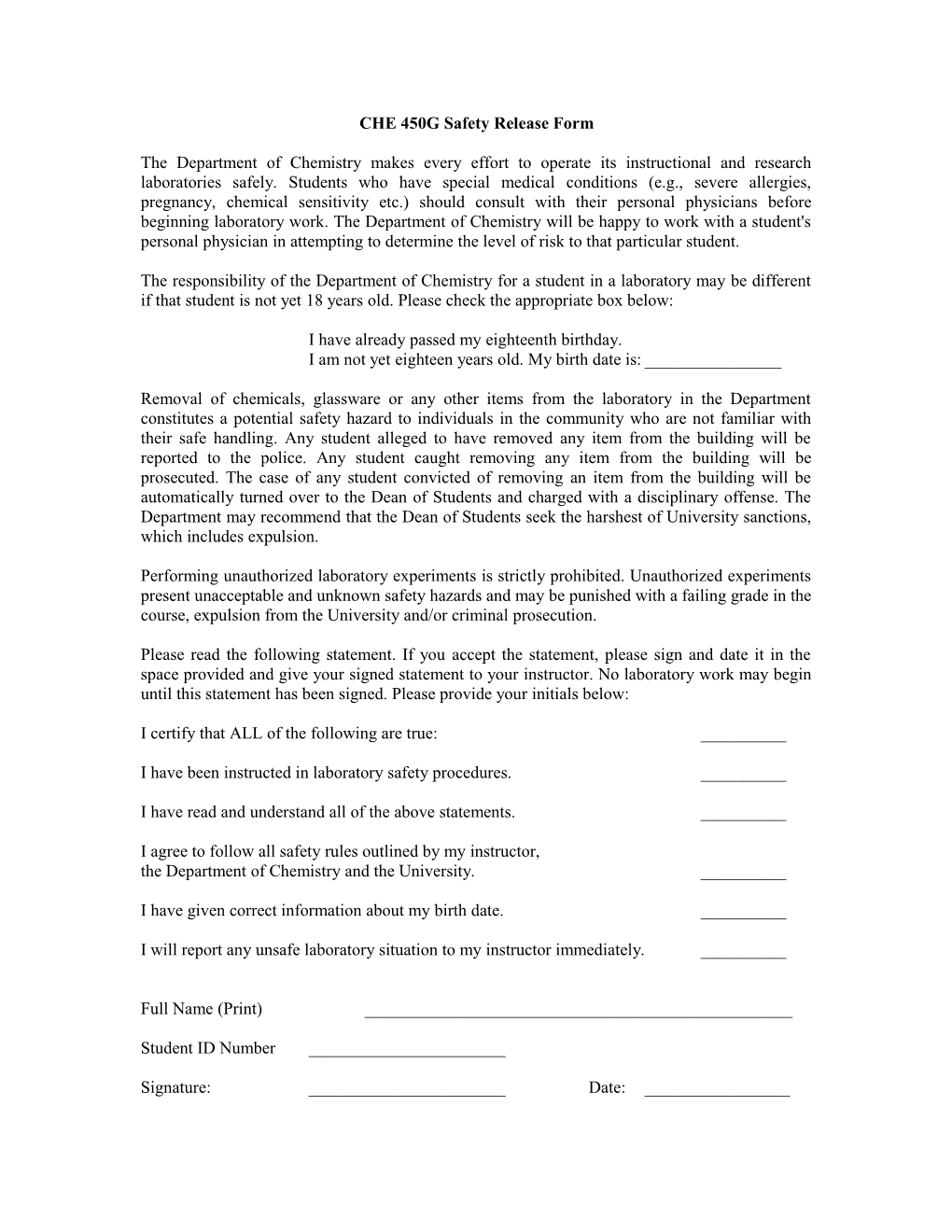 CHE 450G Safety Release Form