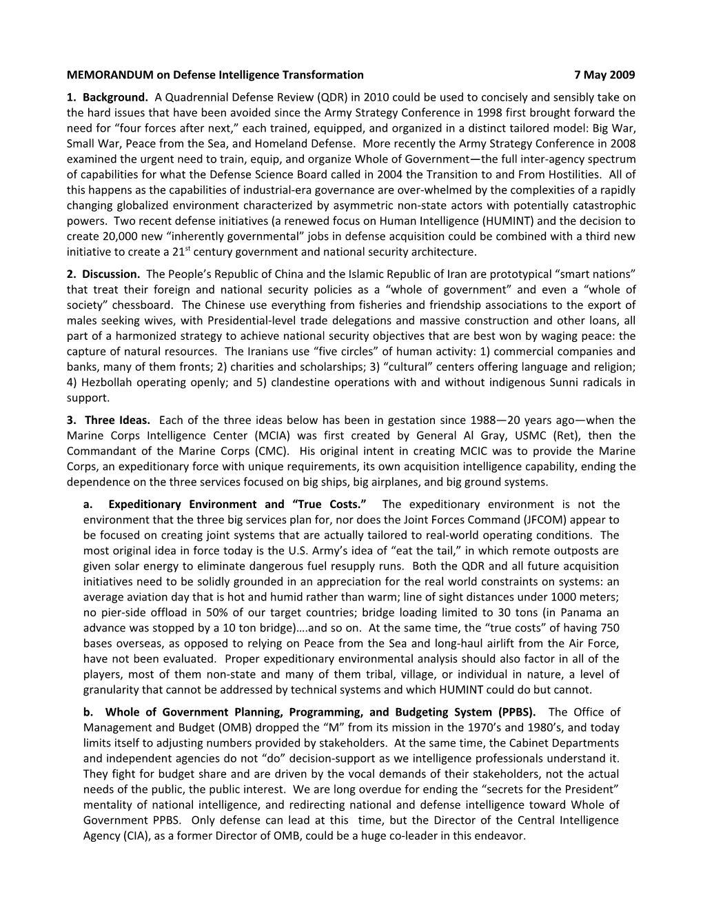 MEMORANDUM on Defense Intelligence Transformation 7 May 2009