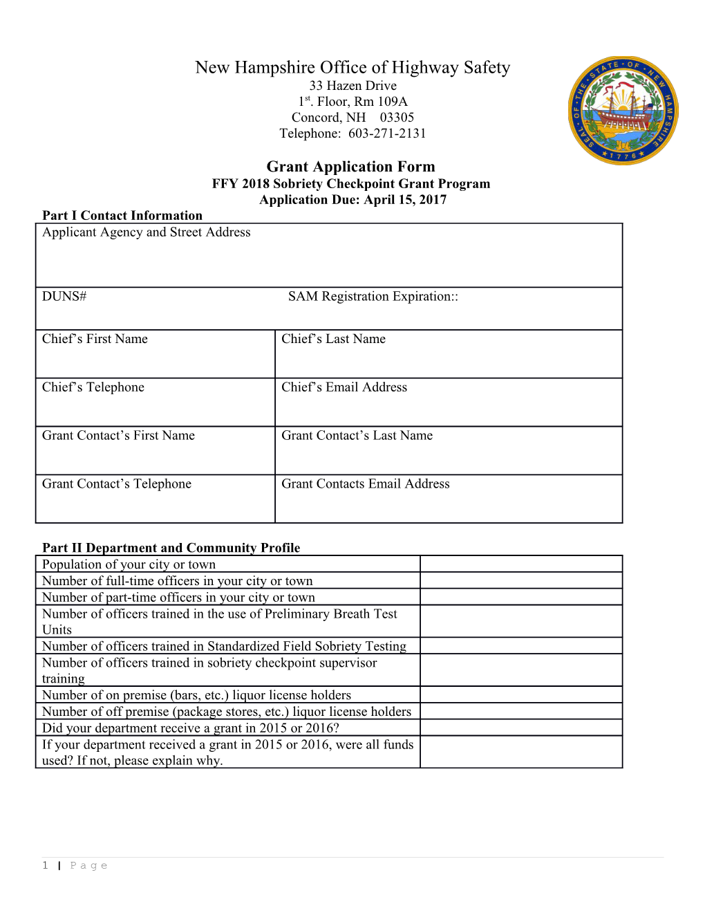 FFY 2018Sobriety Checkpoint Grant Program