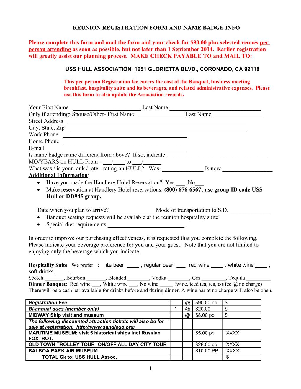 Reunion Registration Form and Name Badge Info