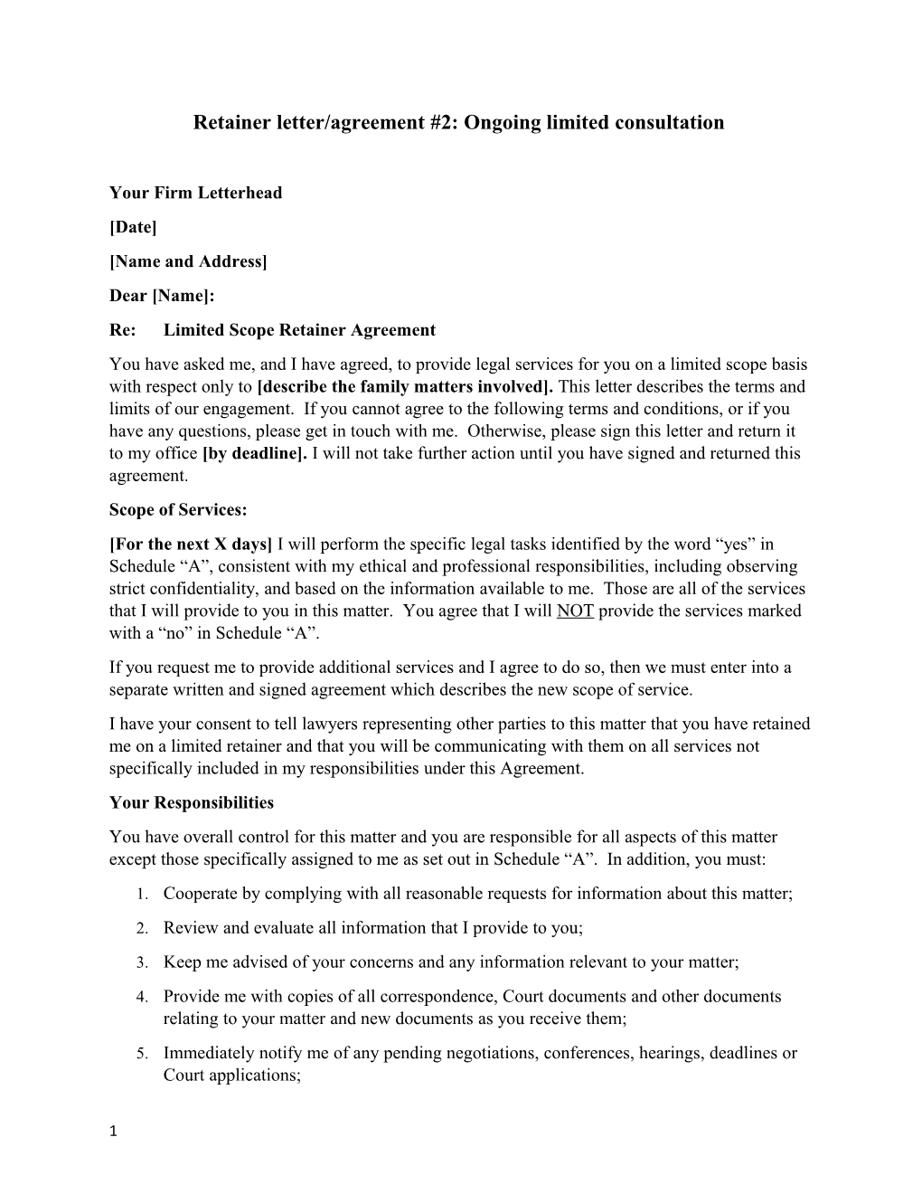 Retainer Letter/Agreement #2: Ongoing Limited Consultation