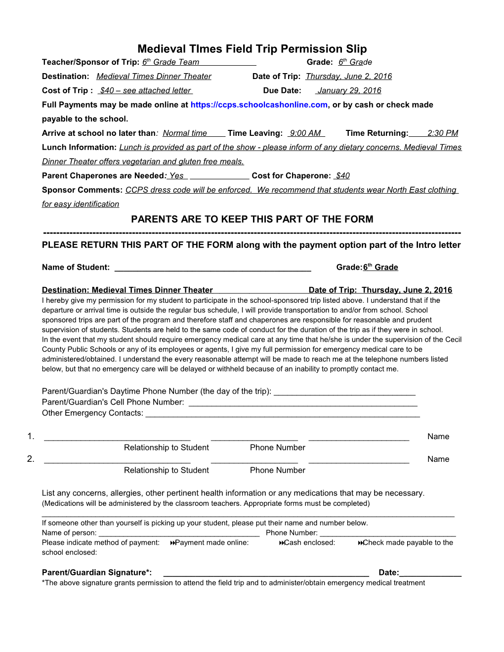 Medieval Times Field Trip Permission Slip