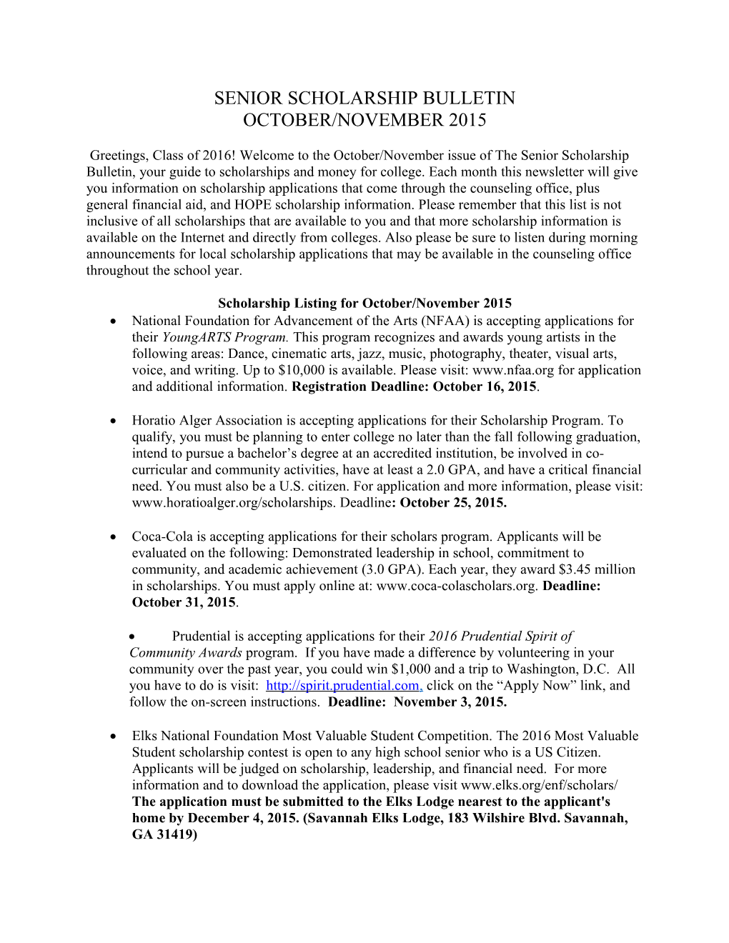 Scholarship Listing for October/November 2015