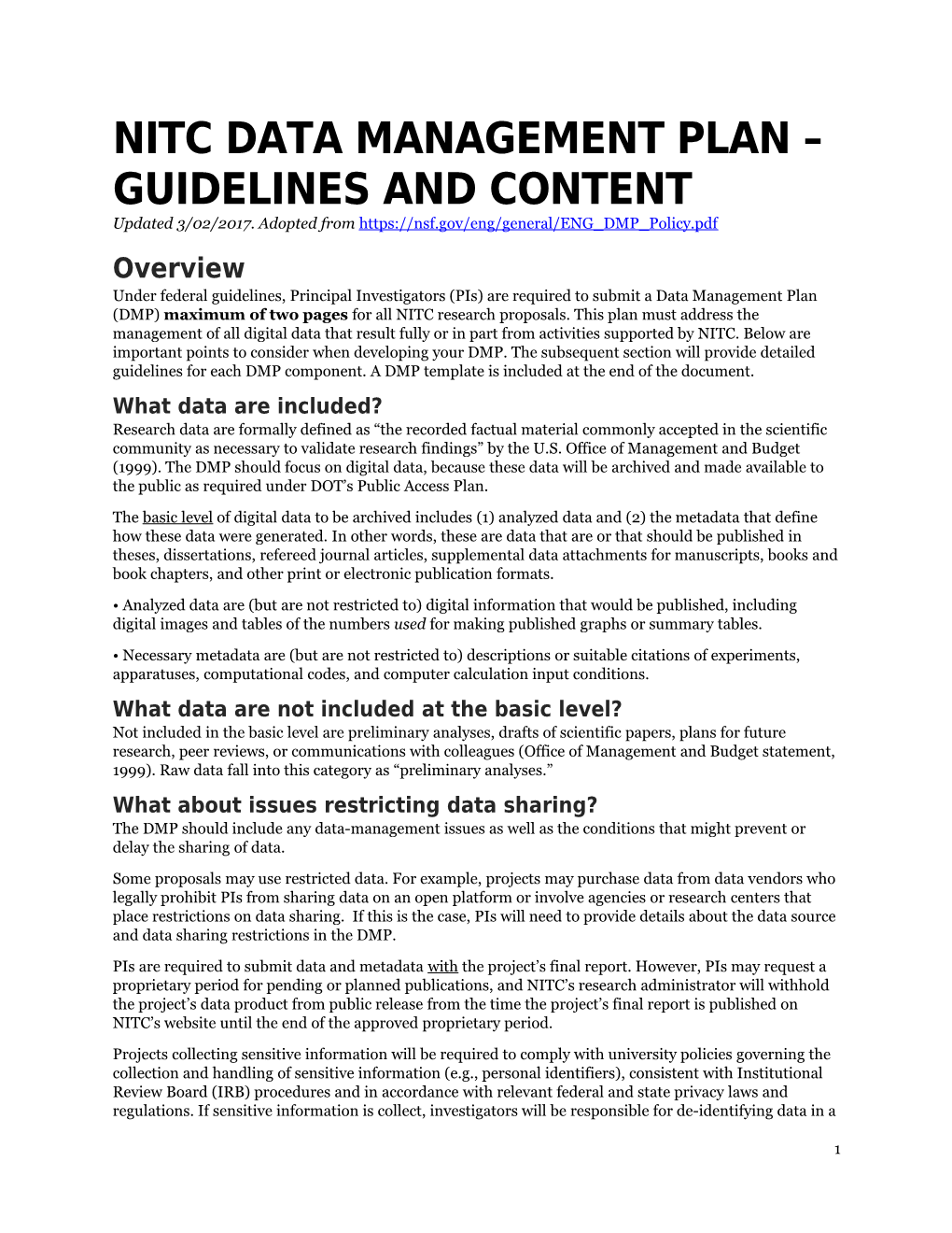 Nitc Data Management Plan Guidelines and Content