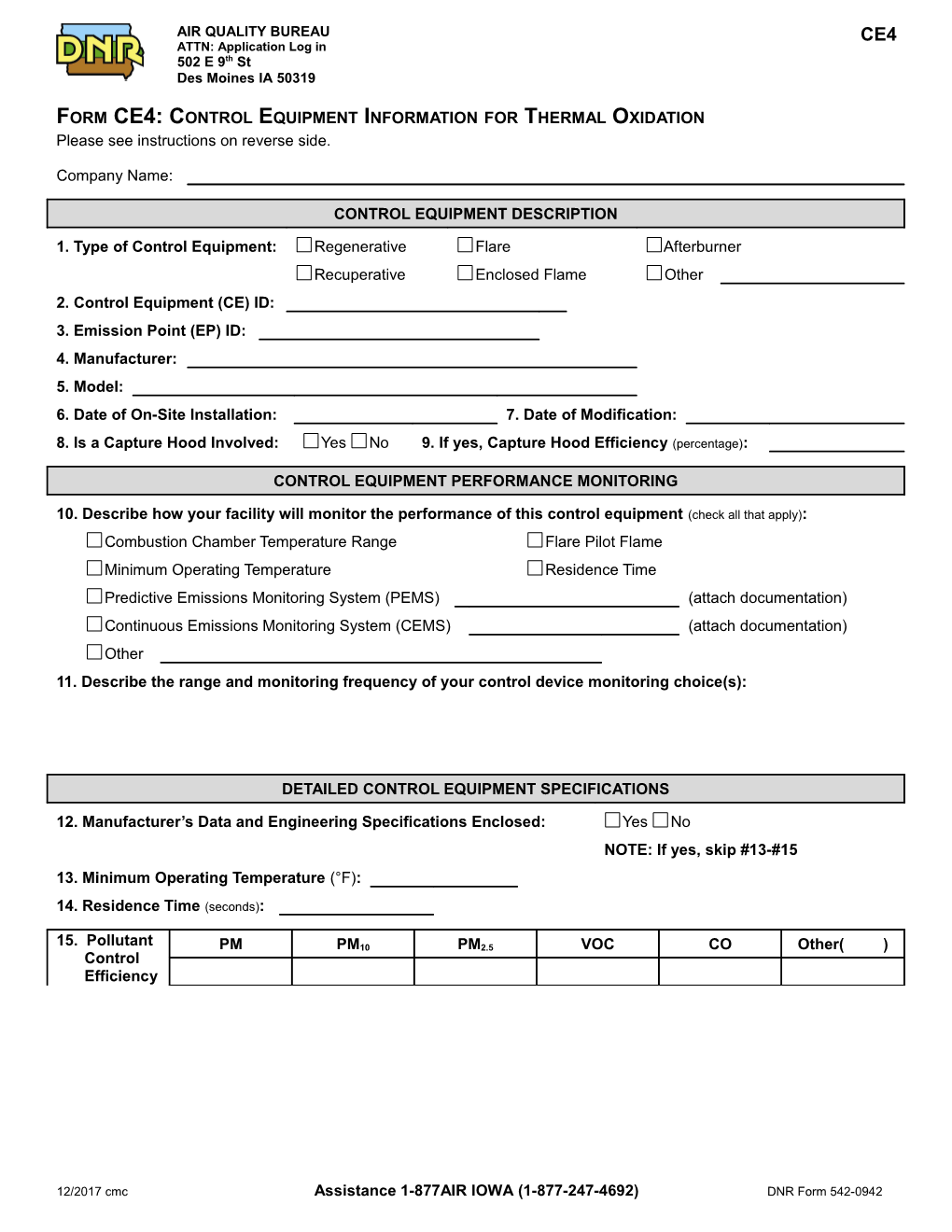 Instructions for Form CE4:Control Equipment Information for Thermal Oxidation