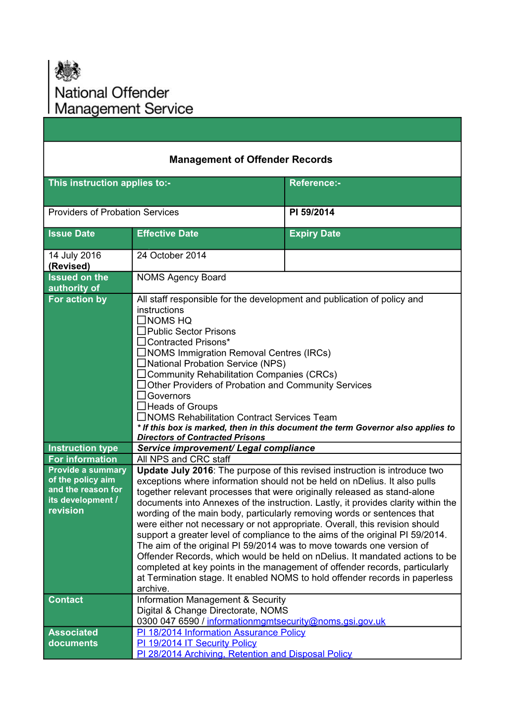 Record Retention and Disposition Schedule Offender Records