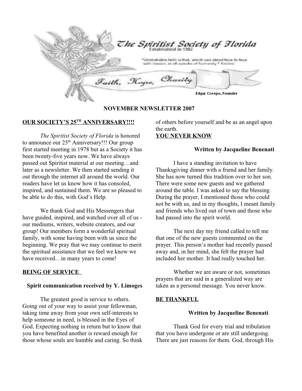 The Spiritist Society of Florida, May Newsletter 2006