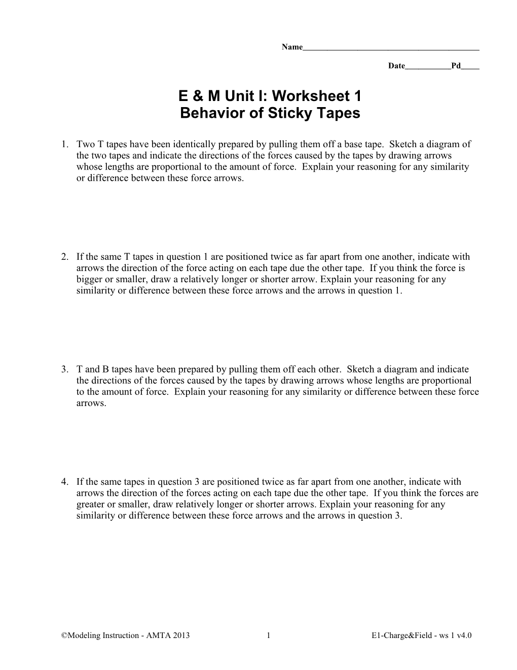 E & M Unit I: Worksheet 1