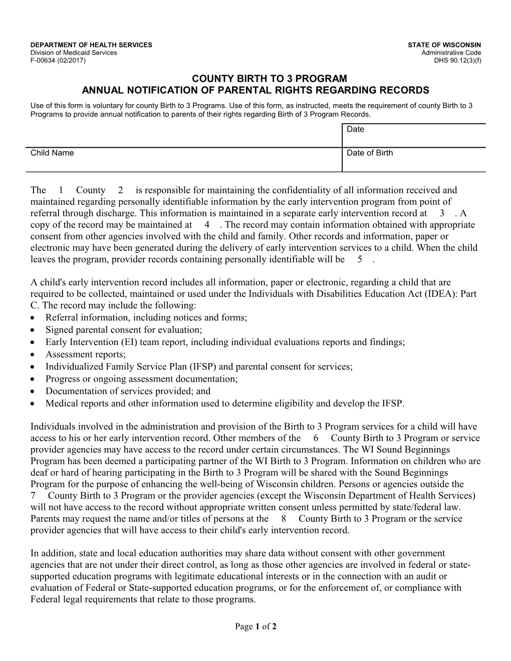 County Birth to 3 Program Annual Notification of Parental Rights Regarding Records