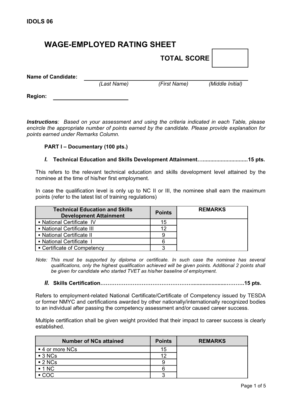 Wage-Employed Rating Sheet