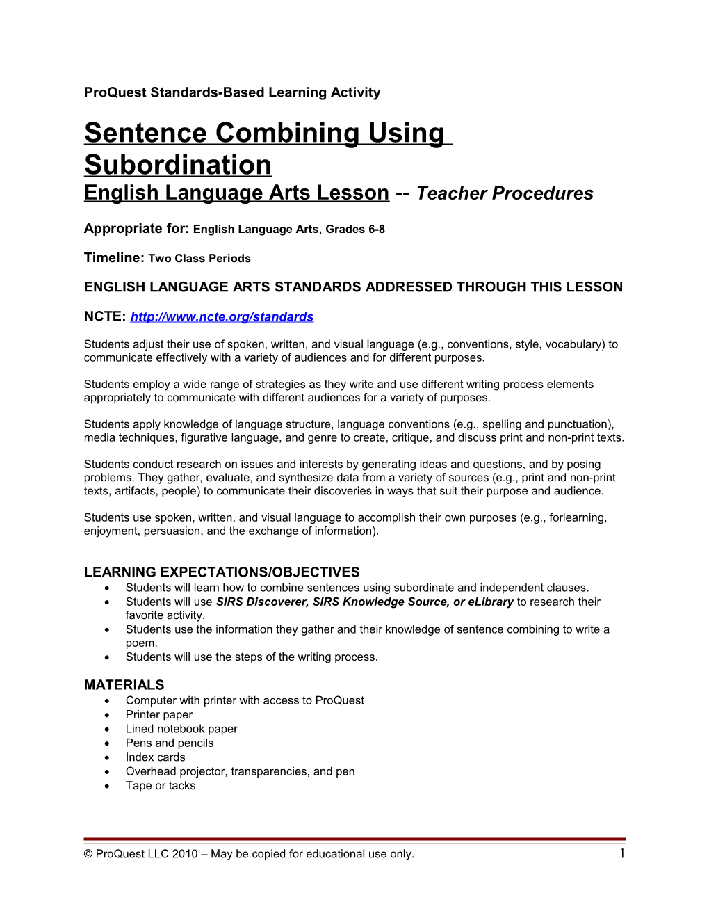 Lesson Plan: Language Arts 6-8 Sentence Combining