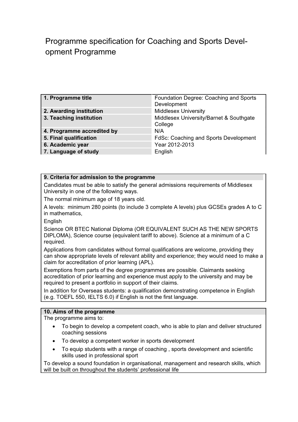 Programme Specification for Coaching and Sports Developmentprogramme