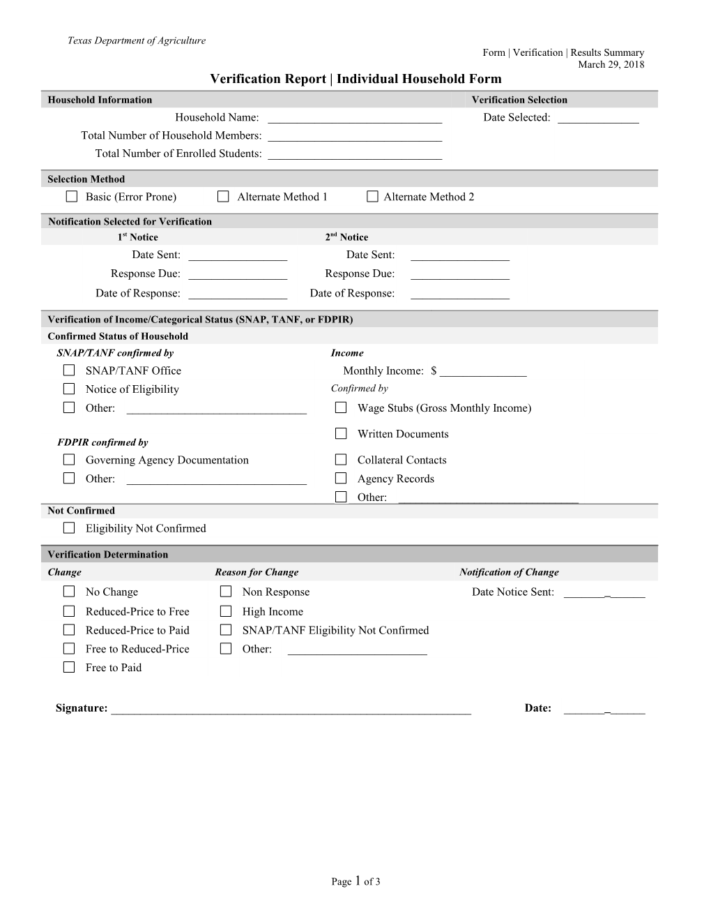 Verification Report Individual Household Form