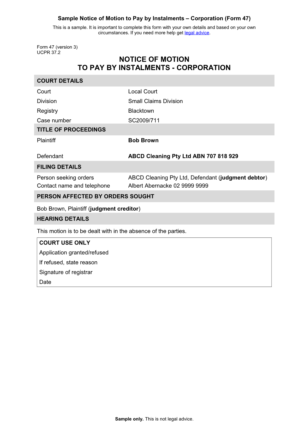 Form 47 - Notice of Motion to Pay by Instalments - Corporation