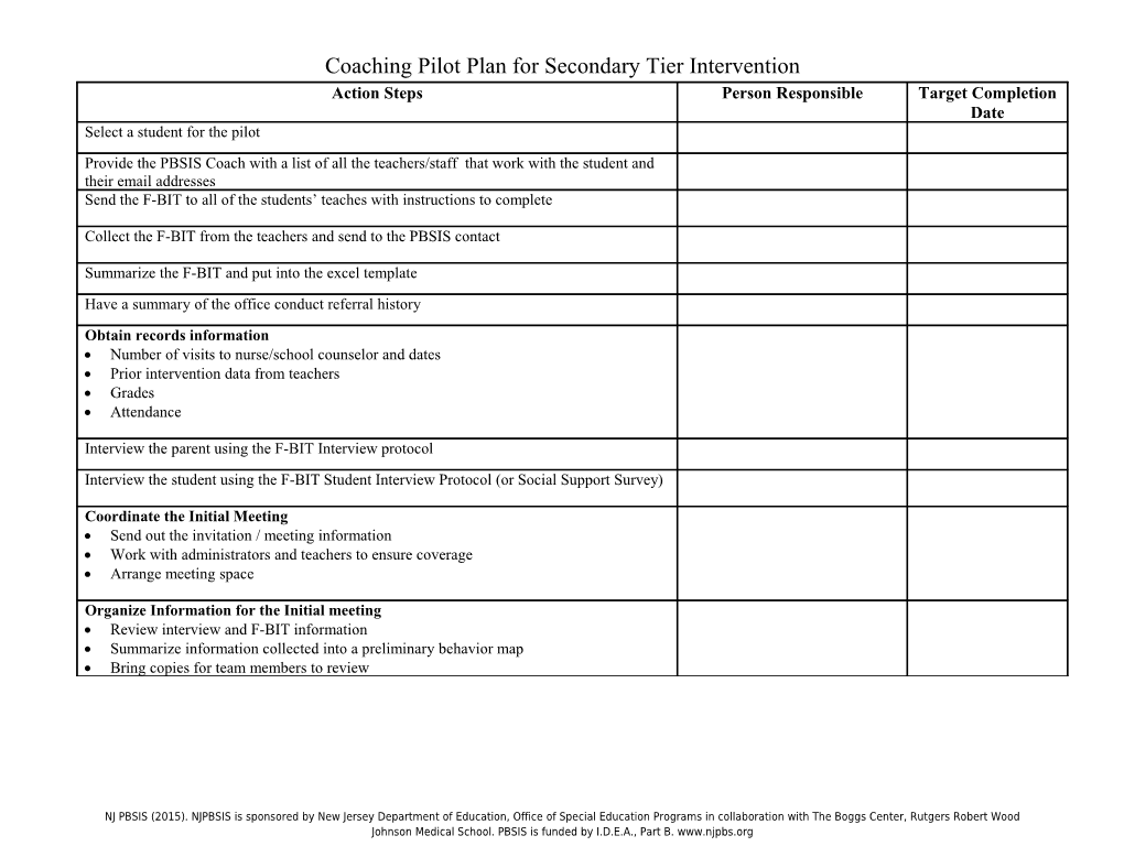 Coaching Pilot Plan for Secondary Tier Intervention