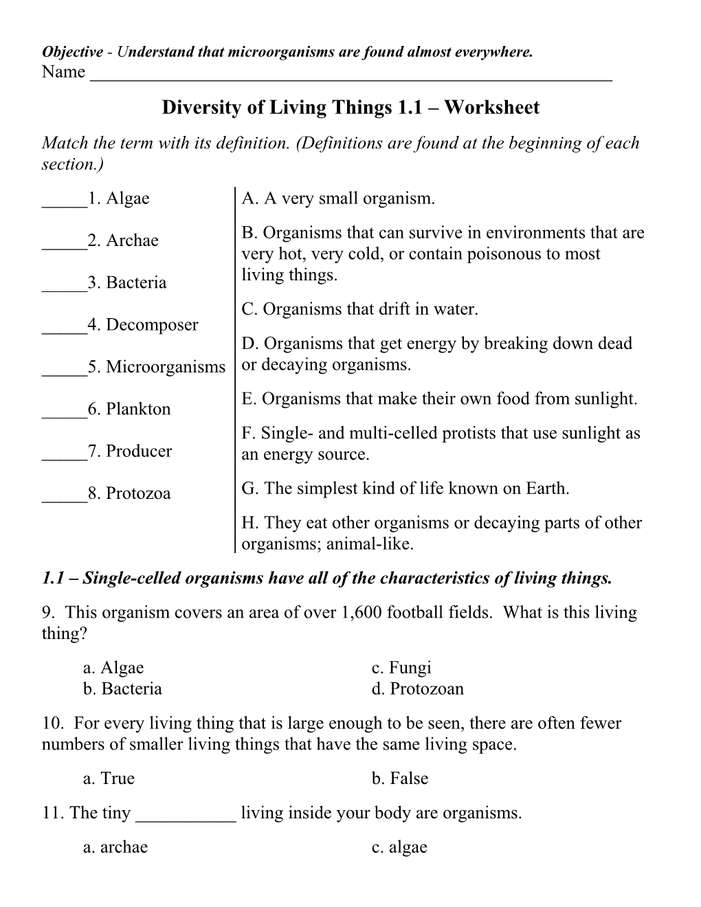 Diversity of Living Things 1.1 Worksheet