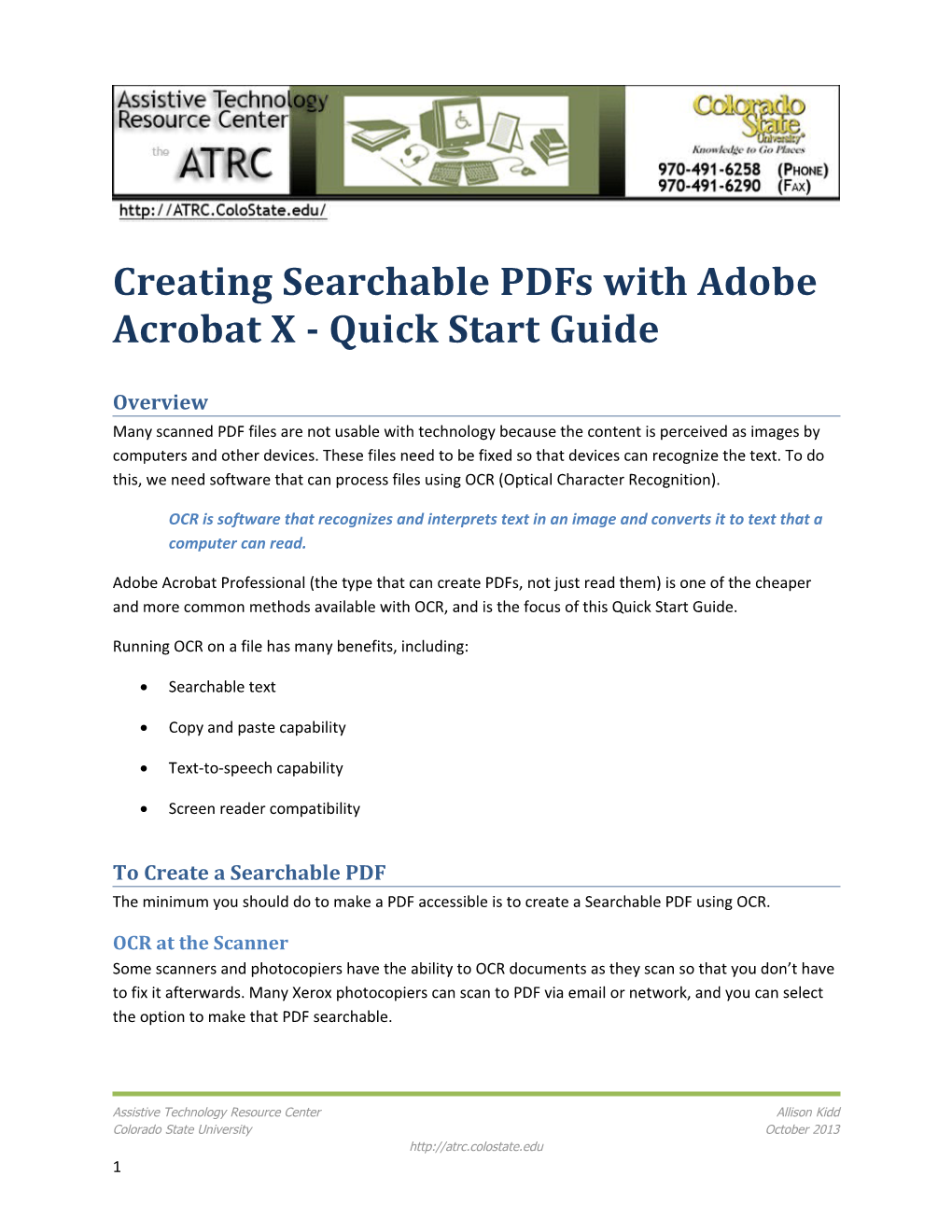 Creating Searchable Pdfs with Adobe Acrobat X - Quick Start Guide