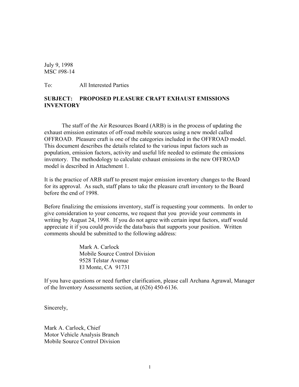 Subject:Proposed Pleasure Craft Exhaust Emissions Inventory