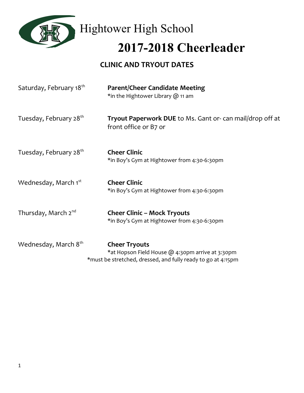 Clinic and Tryout Dates