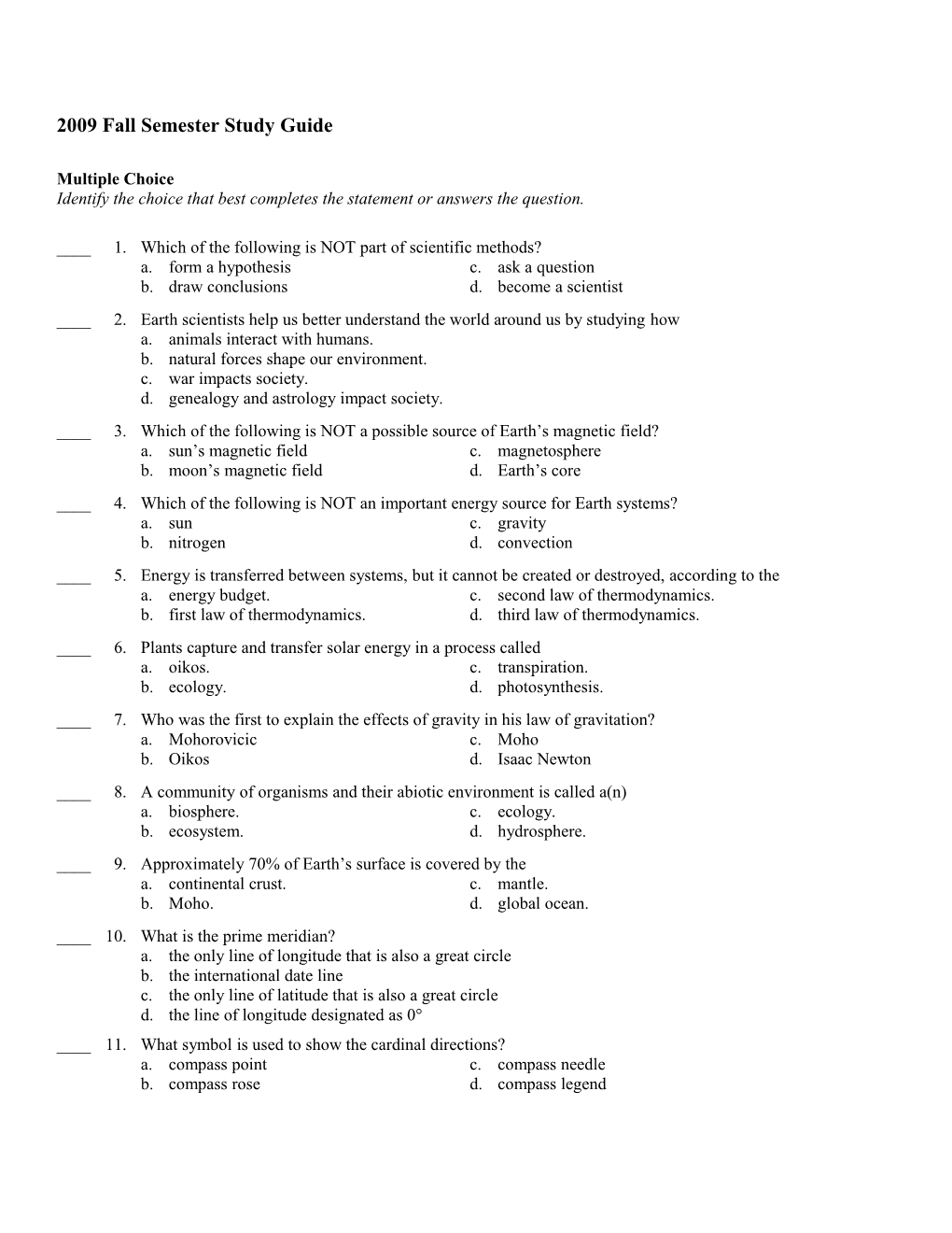 2009 Fall Semester Study Guide