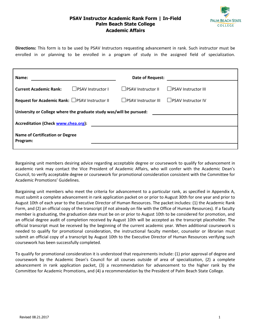 PSAV Instructor Academic Rank Form In-Field