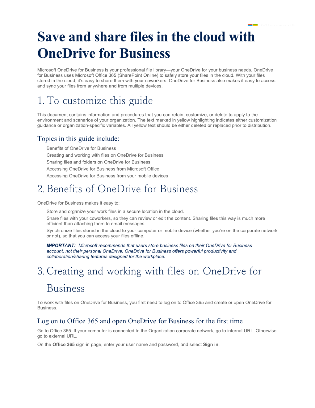 Page 1 Save and Share Files in the Cloud with Onedrive for Business