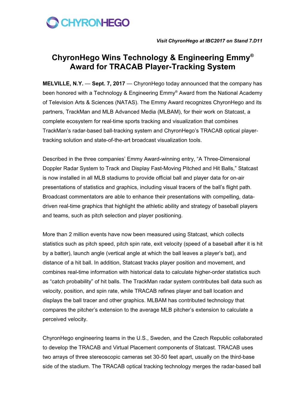 Chyronhego Wins Technology & Engineering Emmy Award for TRACAB Player-Tracking System