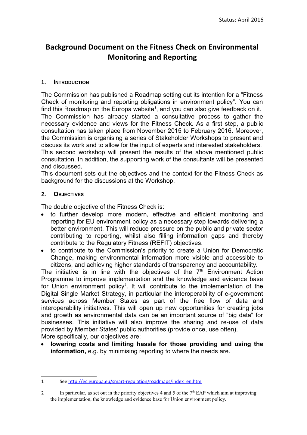 Background Document on the Fitness Check on Environmental Monitoring and Reporting