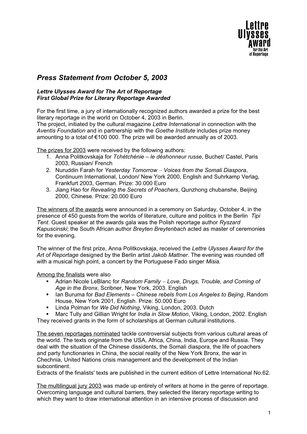 Press Statement from October 5, 2003
