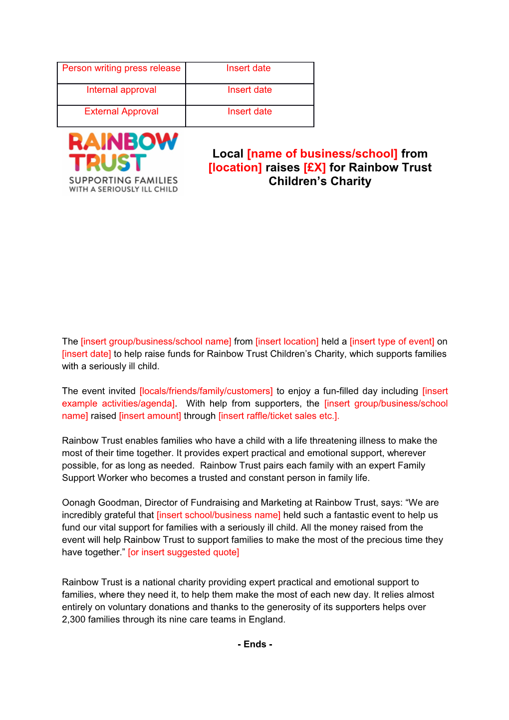 Local Name of Business/School from Location Raises X for Rainbow Trust Children S Charity