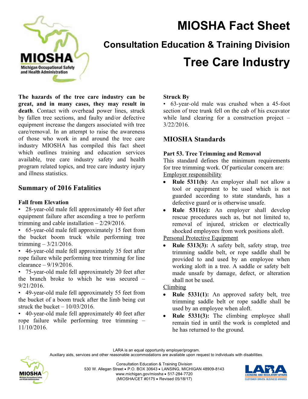 MIOSHA Fact Sheet: Tree Care Industry