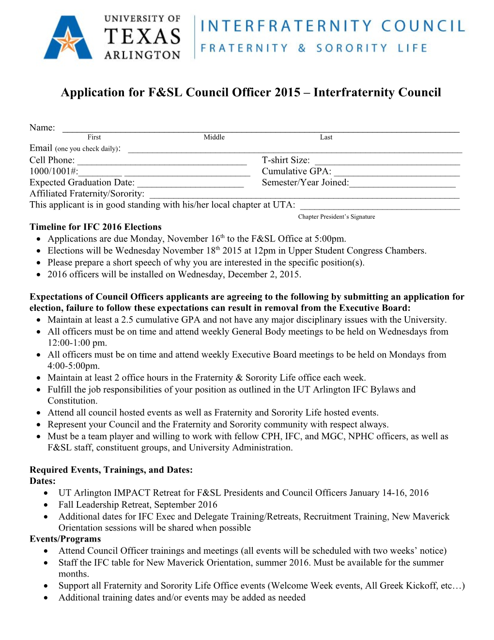 Application for F&SL Council Officer 2015 Interfraternity Council