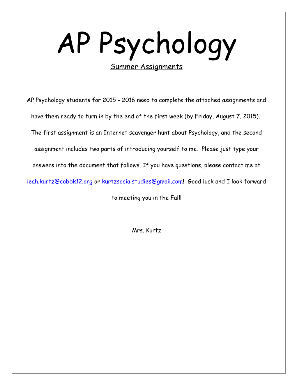AP Psychology Summer Assignments