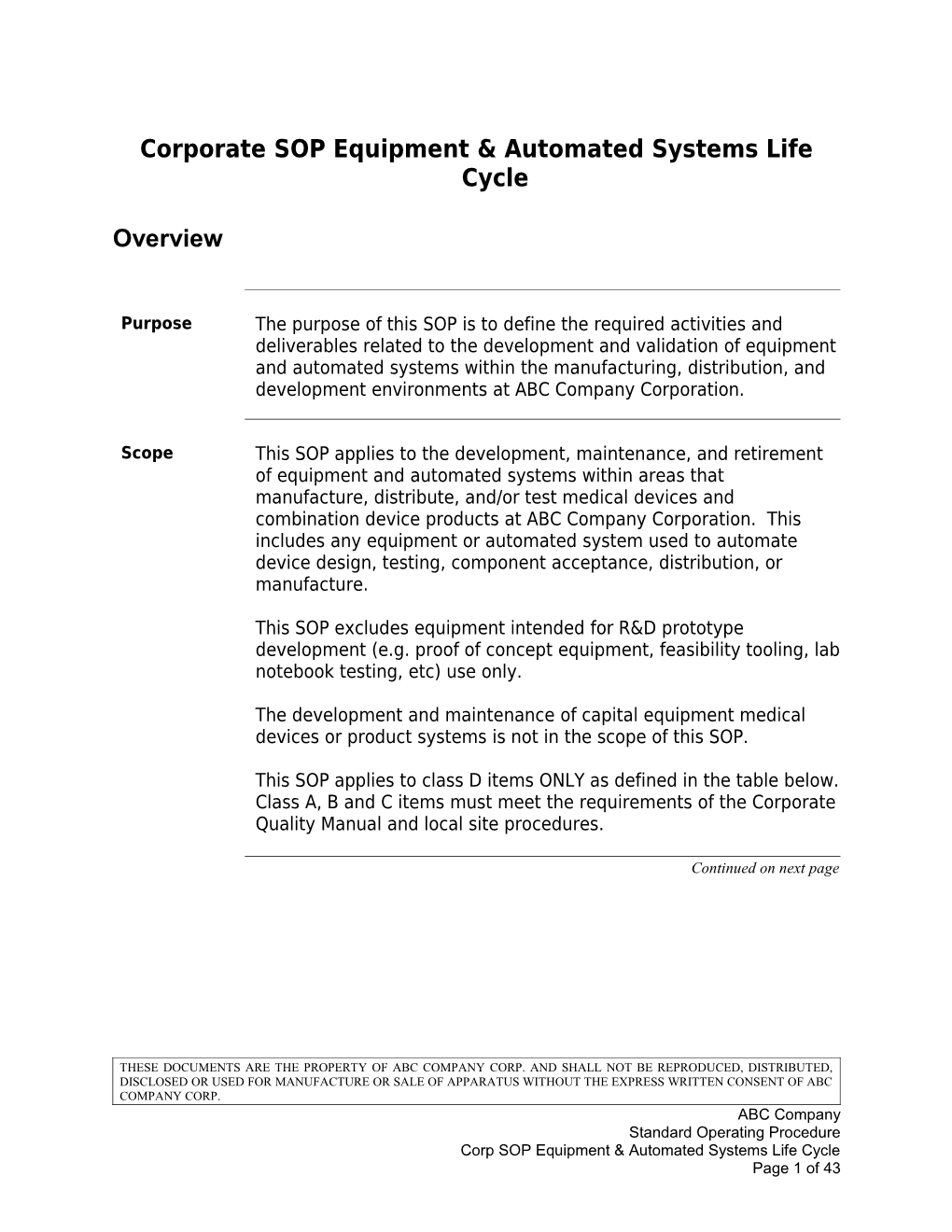 Corporate SOP Equipment & Automated Systems Life Cycle