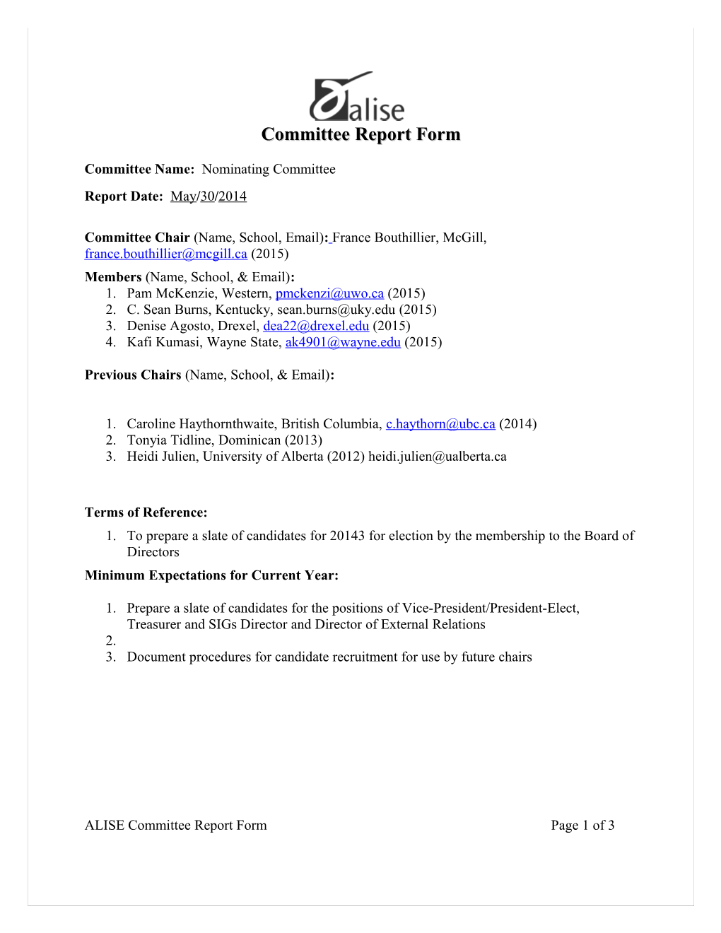 Annual Report Form for Committee Chairs Or Organizational Liaisons