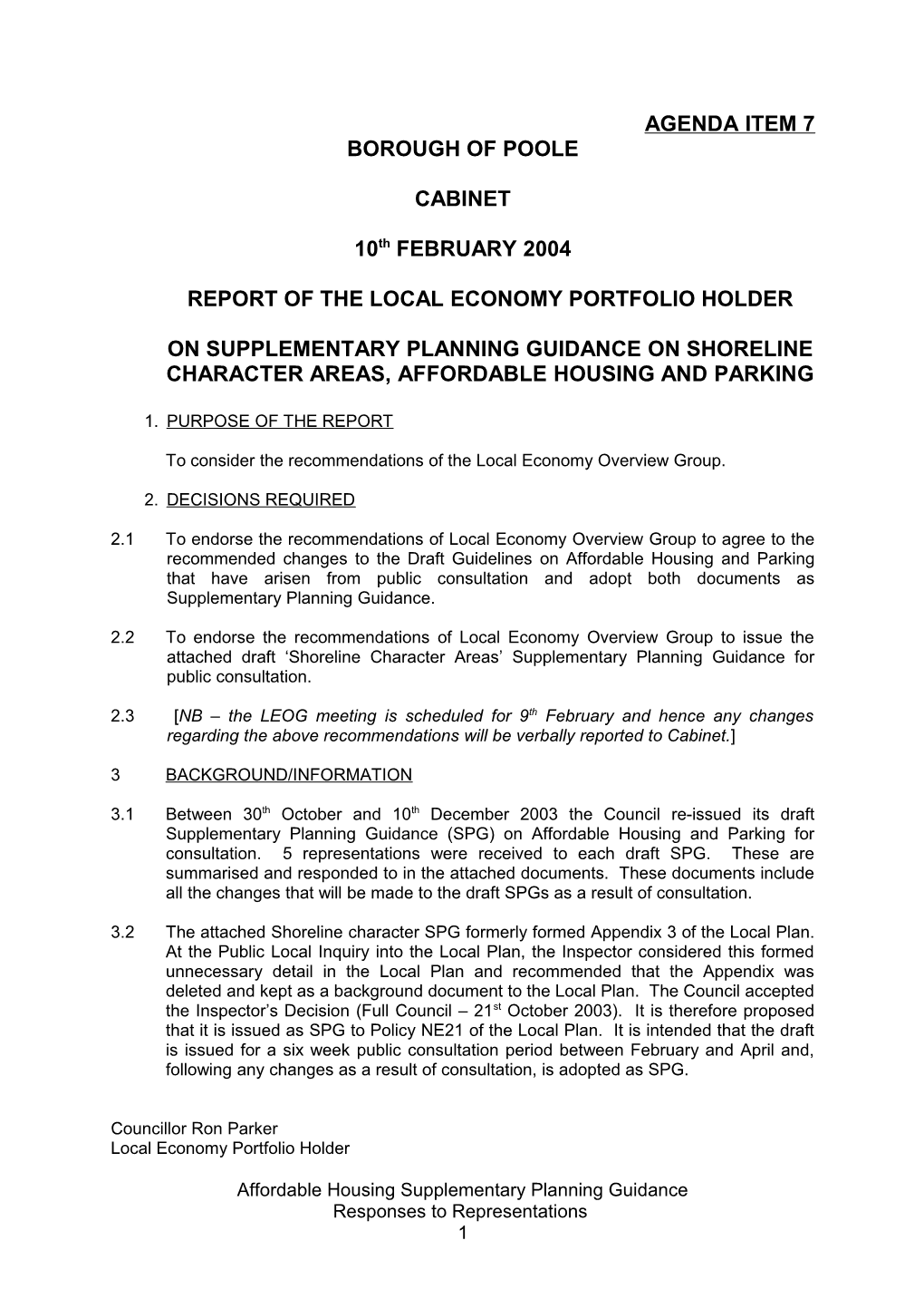 Supplementary Planning Guidance on Shoreline Character Areas, Affordable Housing and Parking