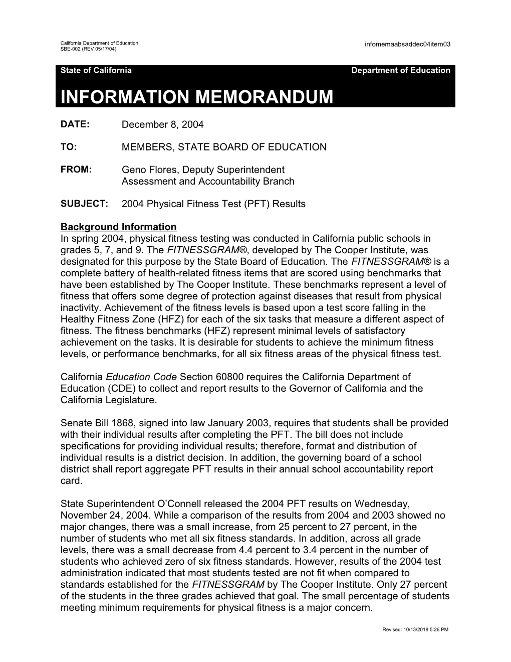 December 2004 SAD Item 3 - Information Memorandum (CA State Board of Education)
