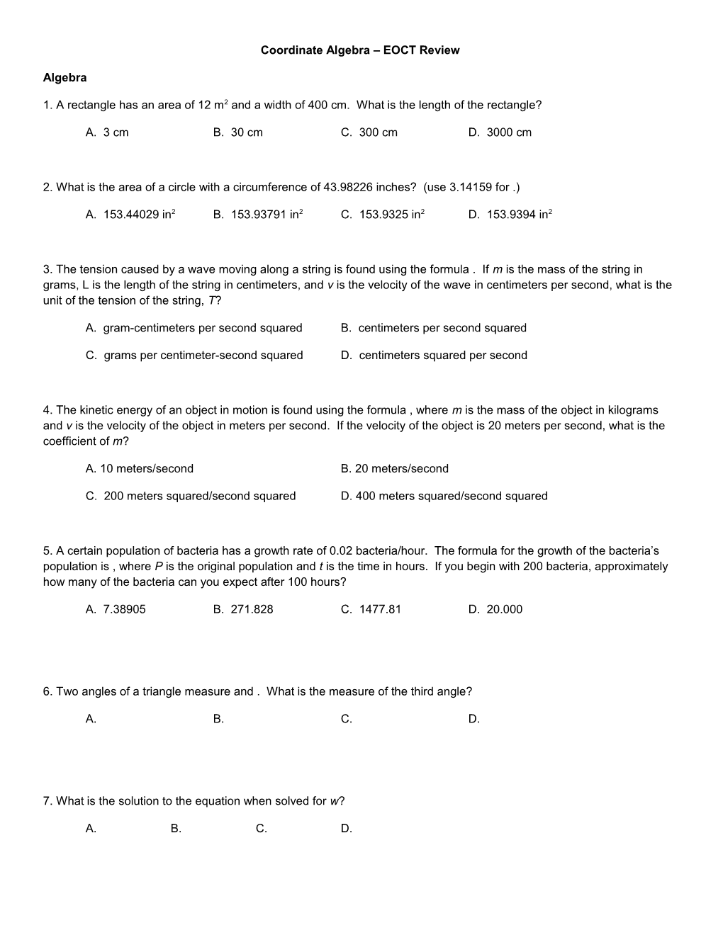 Coordinate Algebra EOCT Review