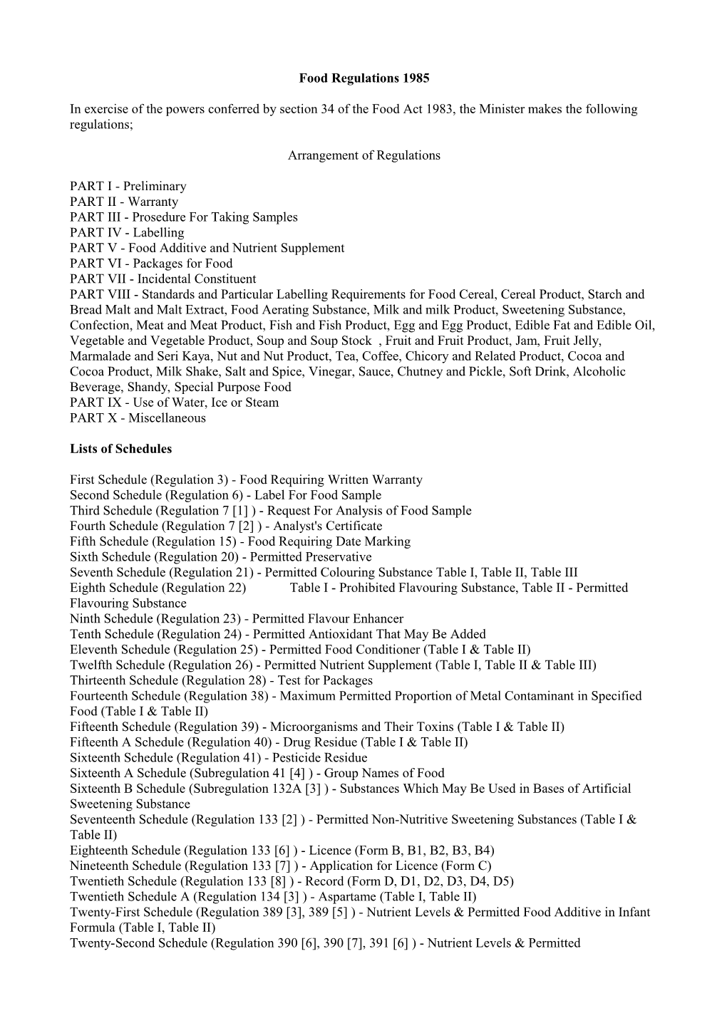 Food Regulations 1985