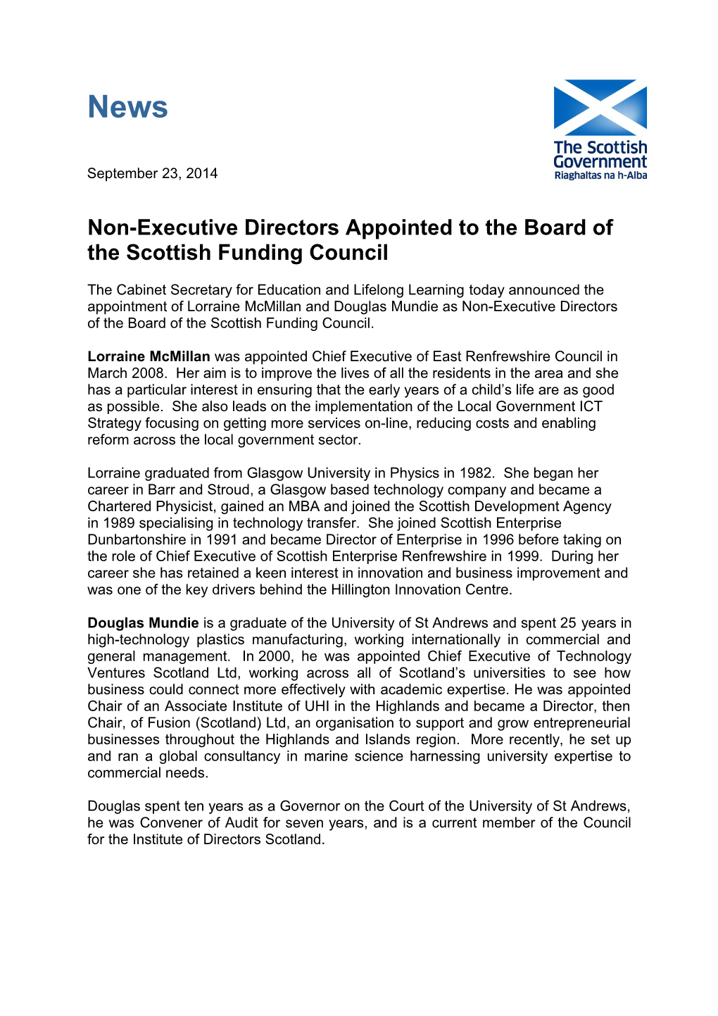 Non-Executive Directors Appointed to the Board of the Scottish Funding Council