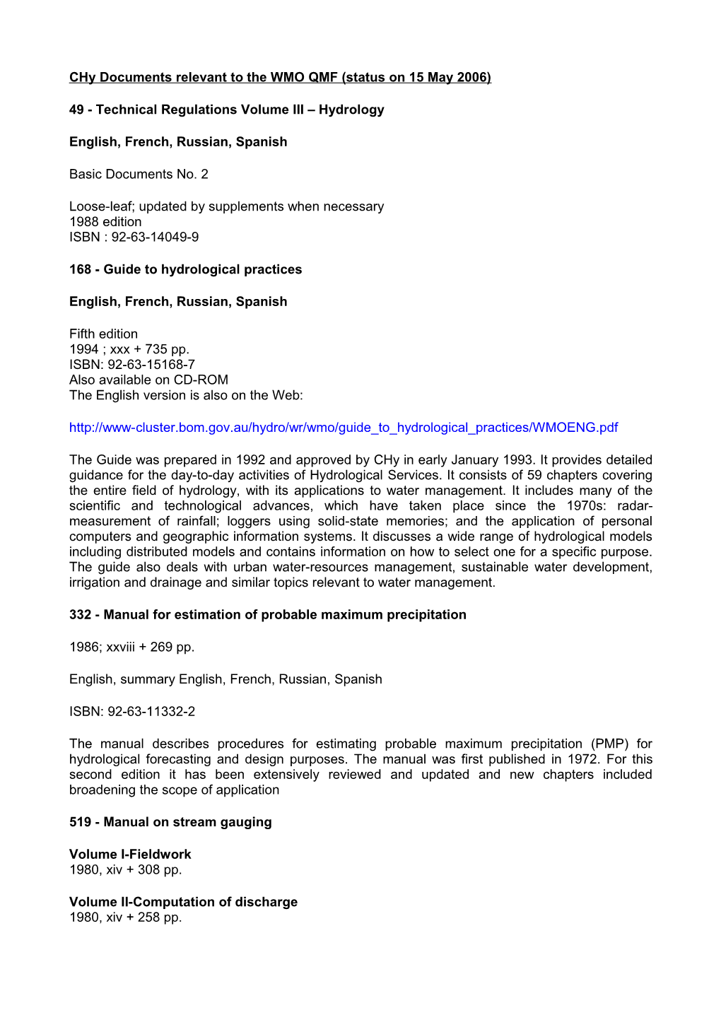 Chy Documents Relevant to the WMO QMF (Status on 15 May 2006)