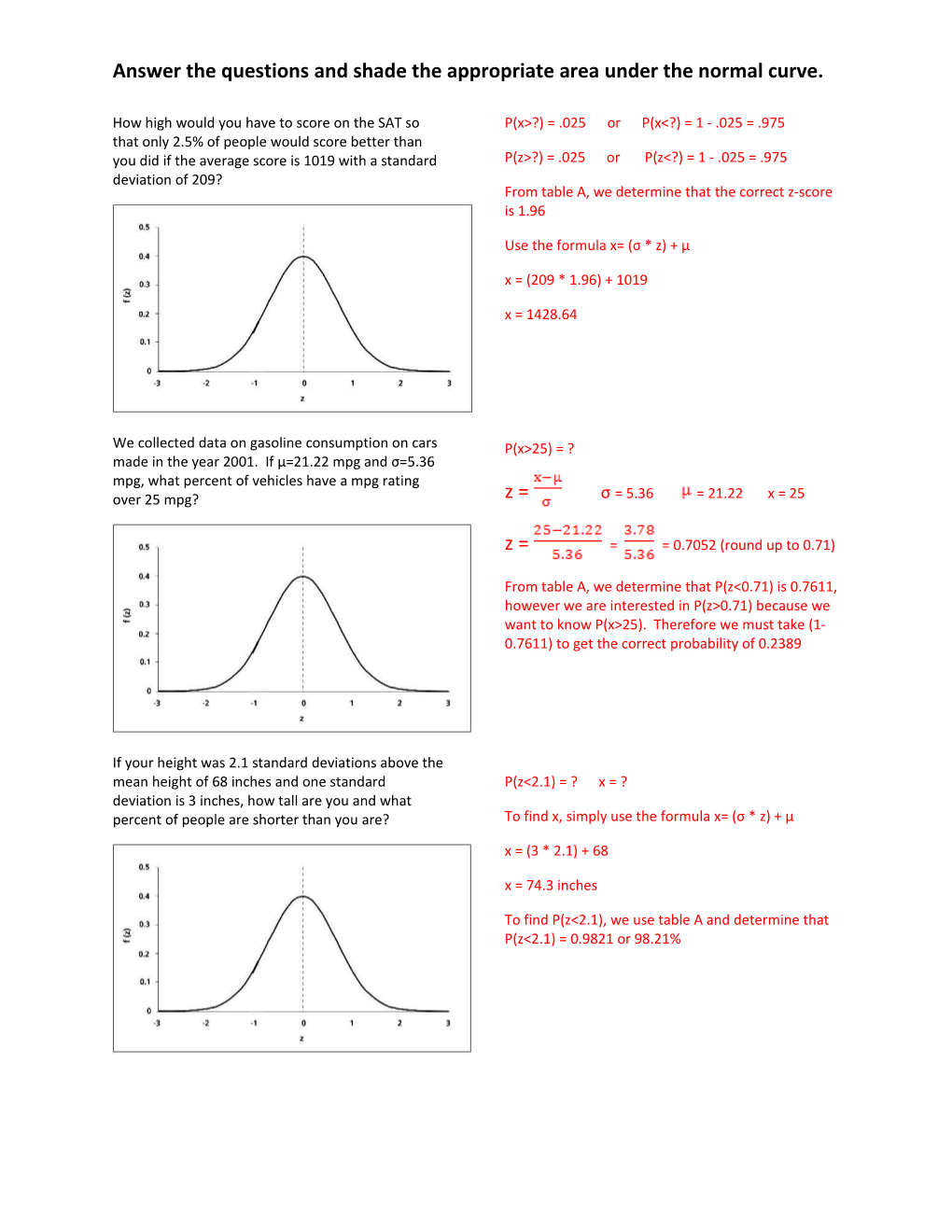 Answer the Questions and Shade the Appropriate Area Under the Normal Curve