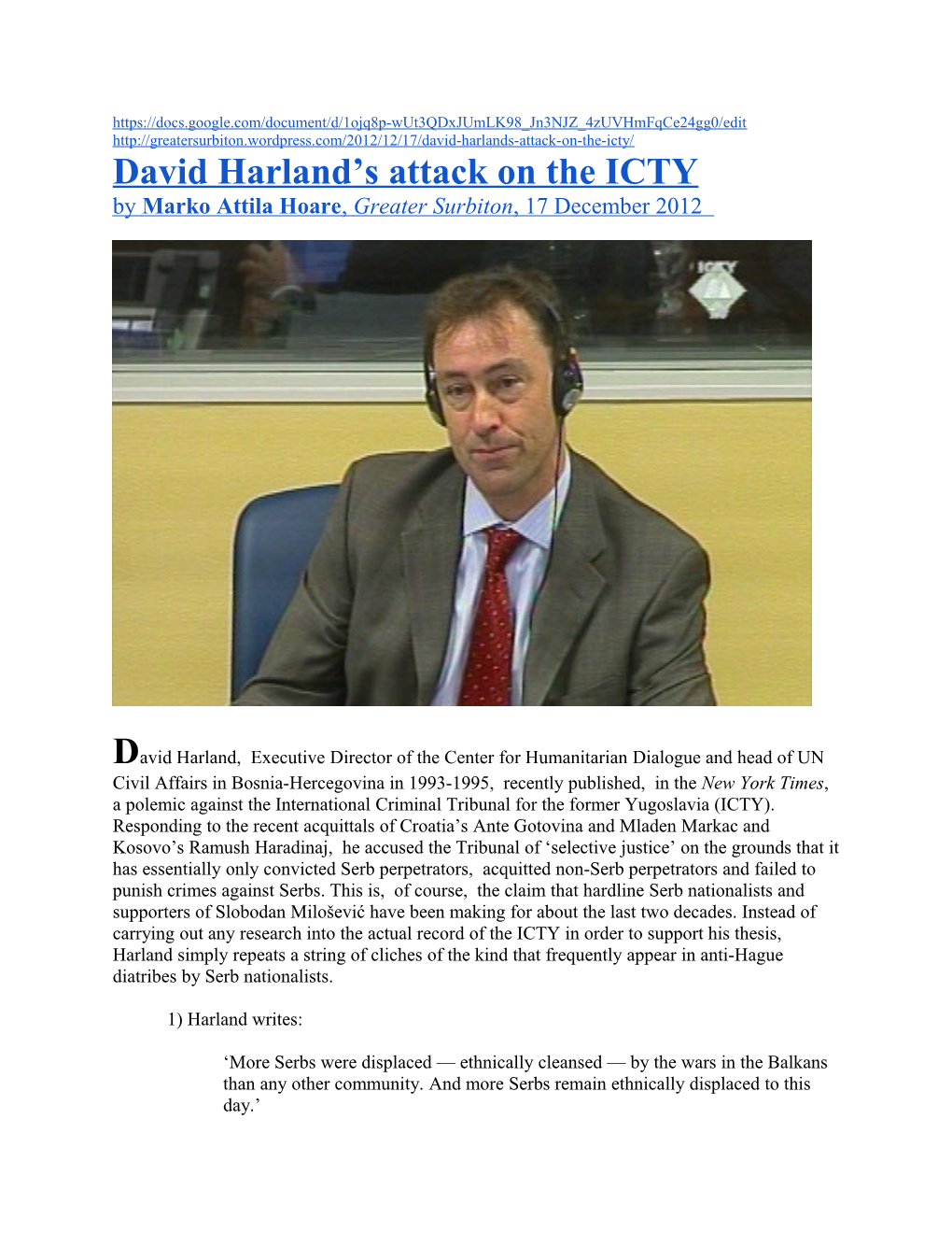 David Harland S Attack on the ICTY - Marko Attila Hoare Greater Surbiton 17 December 2012