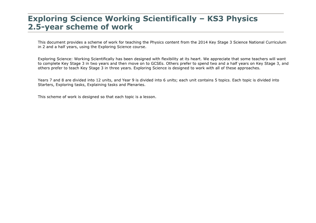 Exploring Science Working Scientifically KS3 Physics, 2.5-Year Scheme of Work
