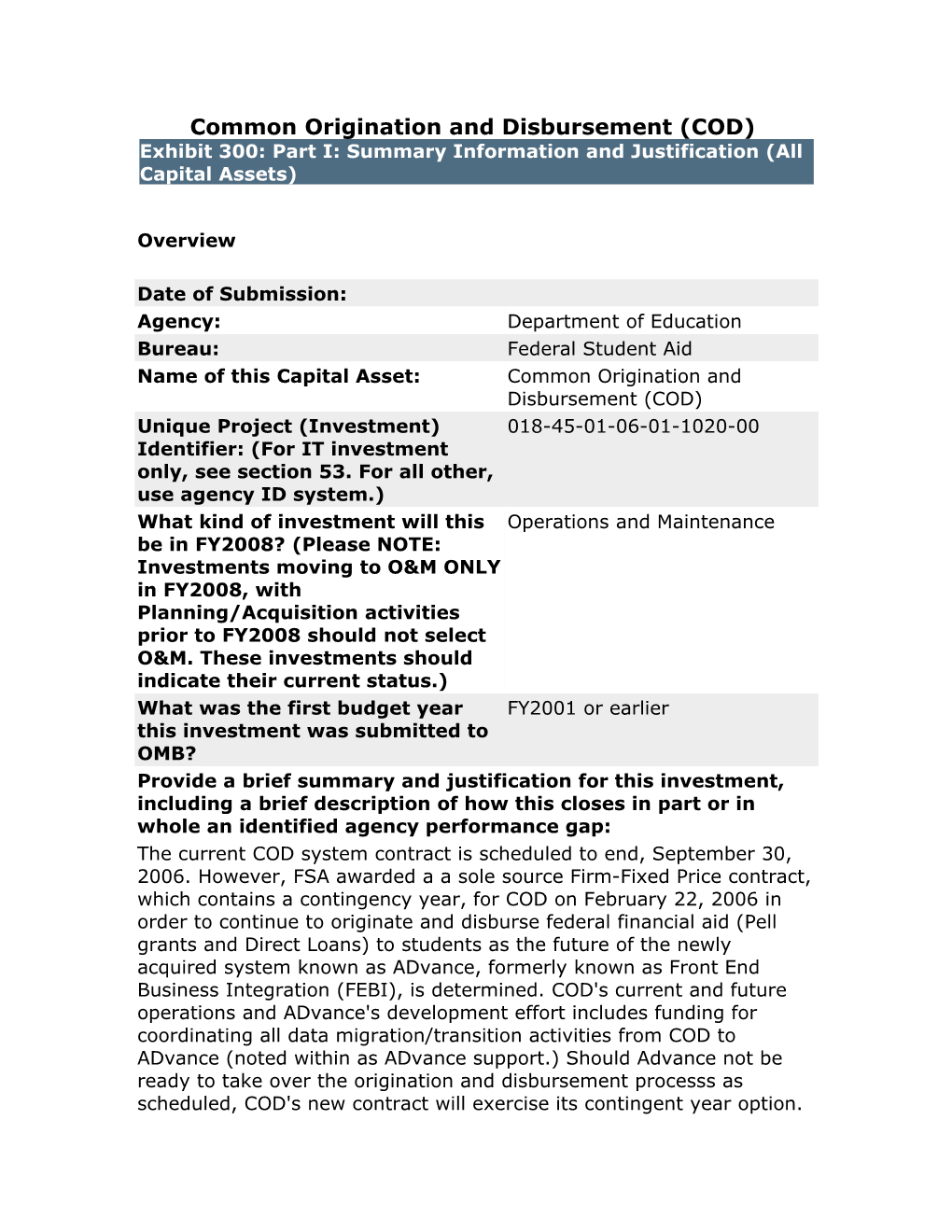 OMB E-300 BY08 Common Originiation and Disbursement (COD)