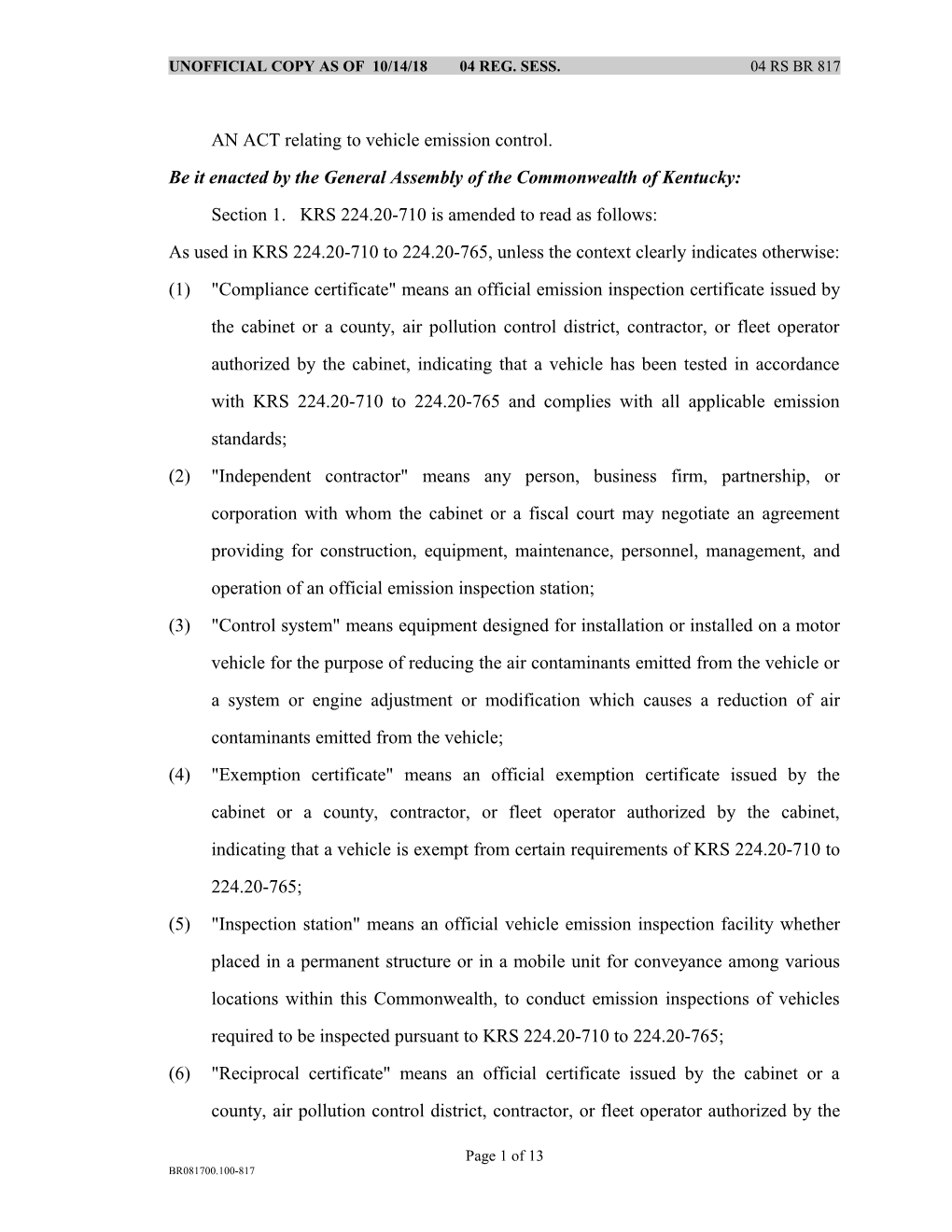 AN ACT Relating to Vehicle Emission Control